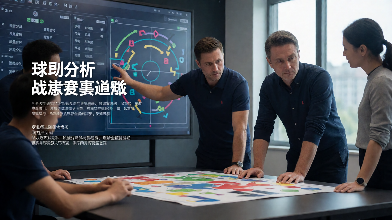 球队战术分析场景,教练团队研究比赛数据与战术板